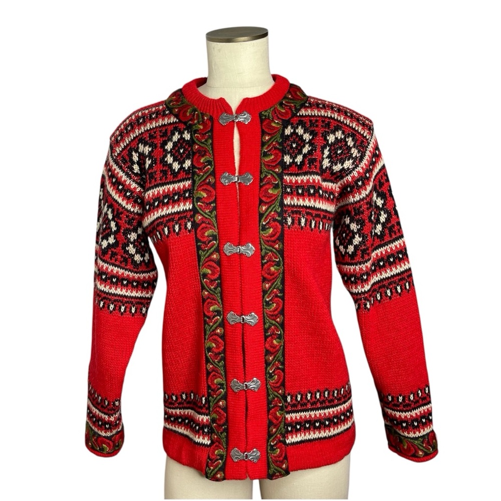Vtg Stril Sweater Shop Norwegian Wool Cardigan Jacket Red Fair Isle Knit Norway